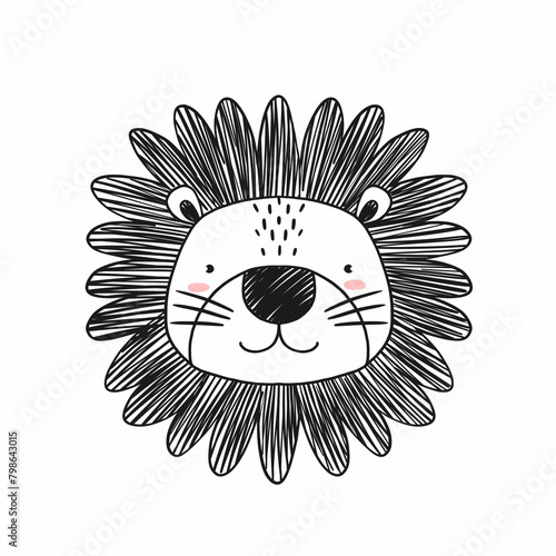 Beautiful hand drawn stock illustration with cute lion face. Simple pencil drawing. Cute baby print. Animal lion clip art portrait.