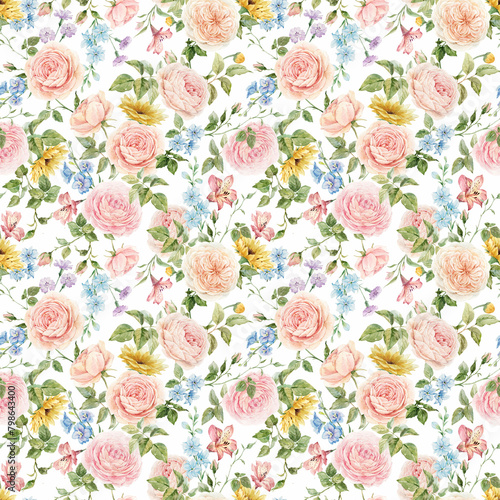Beautiful summer floral seamless pattern with watercolor hand drawn rose flowers. Natural floral print with roses. Stock illustration. Surface background and wallpaper design.