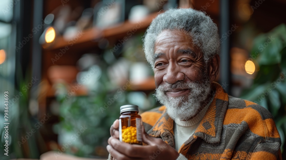 Senior man pouring pills from bottle into hand indoors Senior man pouring pills from bottle into hand indoors