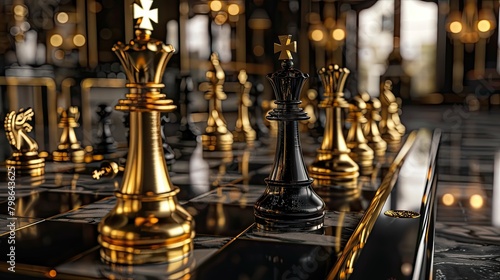 3D black chessboard with gold and black pieces mid-game