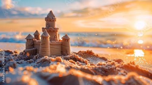 sand castle on the ocean beach on sunset. Summer vacation for postcard, banner, poster, advertisement with copy space concept. Summer kids holidays on the sea side, sea coast 