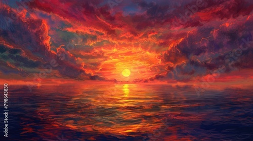 Digital painting of a fiery summer sunset over the ocean