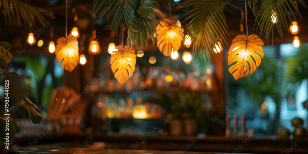 Hanging lights shaped like palm leaves cast a charming bokeh effect in front of a tropical bar and lounge area, their warm glow fostering a cozy ambiance. Hanging lights shaped like palm leaves cast a charming bokeh effect in front of a tropical bar and lounge area, their warm glow fostering a cozy ambiance.