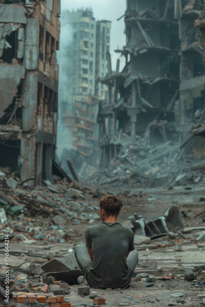 A man sits on the ground in front of a city reduced to rubble, looking sadly at his surroundings.