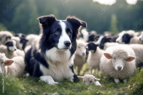 'troupeau surveillant collie border moutons dog sheep flock mountain guard guardian summer protect oversee ewe drover animal grass nature meadow husbandry guide alert surveillance work feed security' photo