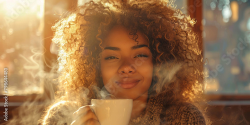 A curly-haired woman sips her coffee, her face radiating happiness as she smiles at the rising steam in a cozy cafe setting. photo