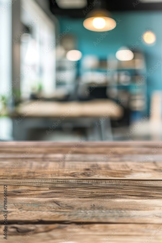 An empty wooden tabletop is set against a blurred background of an office interior, suitable for product display, with a light teal and beige color scheme. An empty wooden tabletop is set against a blurred background of an office interior, suitable for product display, with a light teal and beige color scheme.