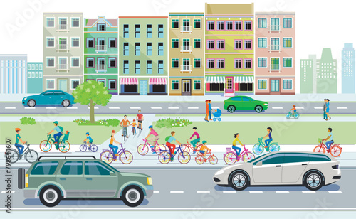Eine Gruppe von Radfahrern mit Autoverkehr in der Stadt  illustration © scusi