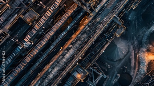 Complex Coal Conveyor System in Detailed Aerial Perspective of Industrial Machinery and © pkproject