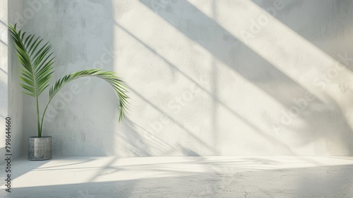 Sunlight streams onto a bright and airy white wall  casting intricate shadows and creating an elegant ambiance.