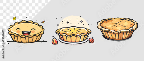 Three cartoon-style pies with smiling faces, one with leaves, another with a star topping, and the last with a slice cut out