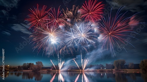 Breathtaking Fireworks Display Reflected on Tranquil Lake at Night