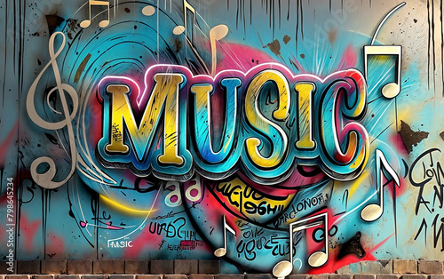 A colorful graffiti wall with the word MUSIC written in large letters and surrounded by musical notes and treble clefs. The background is a mix of blue and turquoise with a brown brick wall in front