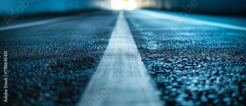 Dramatic Close-up of Asphalt Road Texture with Painted Lines Leading into Distance at Twilight photo