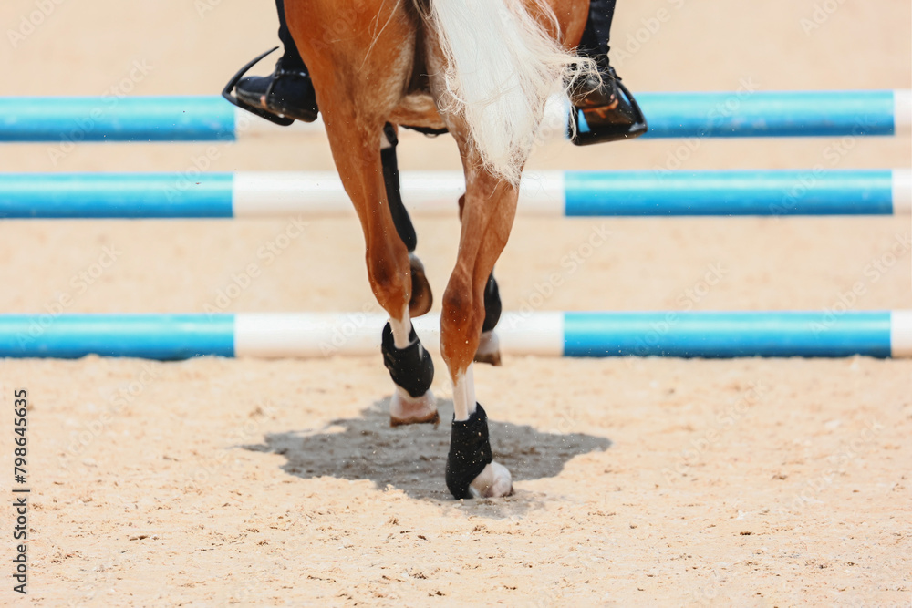 Sand from under the pony's hooves. Pony hooves when approaching the barrier. Equestrian sport. Pony sport Sand from under the pony's hooves. Pony hooves when approaching the barrier. Equestrian sport. Pony sport