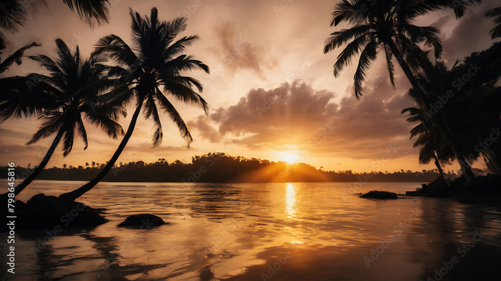A breathtaking sunset over a tranquil beach, with golden light reflecting off the calm waves and silhouetting palm trees