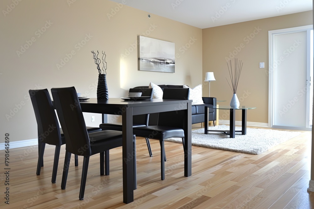 Fototapeta premium Modern Black Furniture Dining Room with Wooden Floor Panorama