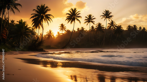 A breathtaking sunset over a tranquil beach, with golden light reflecting off the calm waves and silhouetting palm trees