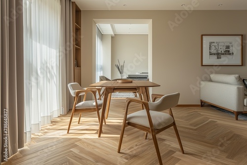 Modern Minimalist Apartment Dining Room: Wooden Herringbone Floor Design with Panoramic View of Stylish Chair and Bright Table