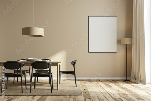Modern Minimalist Apartment Dining Room with Wooden Flooring and Black Chairs, Featuring Luxurious Table and Cozy Lamp