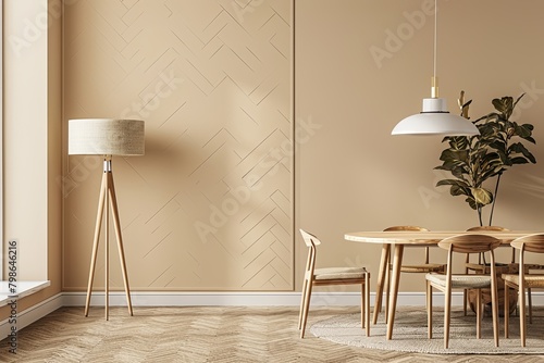 Beige Wall Apartment Dining Room with Herringbone Design and Modern Scandinavian Style
