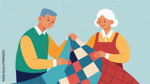 Despite their age the couples skilled hands move with grace expertly piecing together every seam of the intricately designed quilt.. Vector illustration