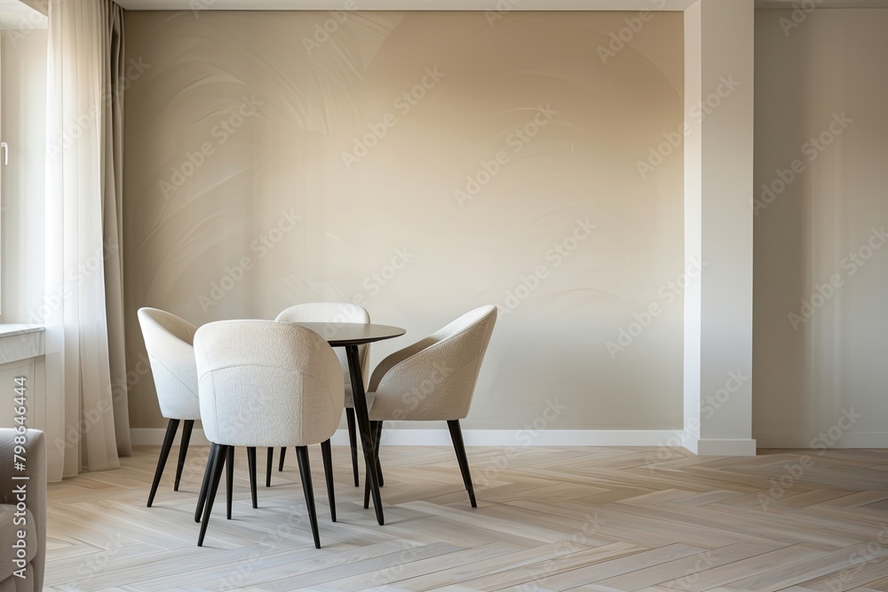 Modern Stylish Minimalist Dining Room with Herringbone Floor and Luxurious Ambiance
