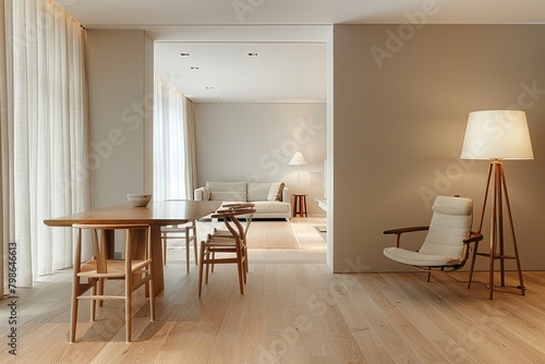 Modern Minimalist Apartment: Dining Room with Wooden Flooring and Stylish Interior Design Elements © Michael