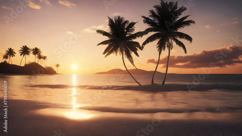 A breathtaking sunset over a tranquil beach, with golden light reflecting off the calm waves and silhouetting palm trees © Farhan