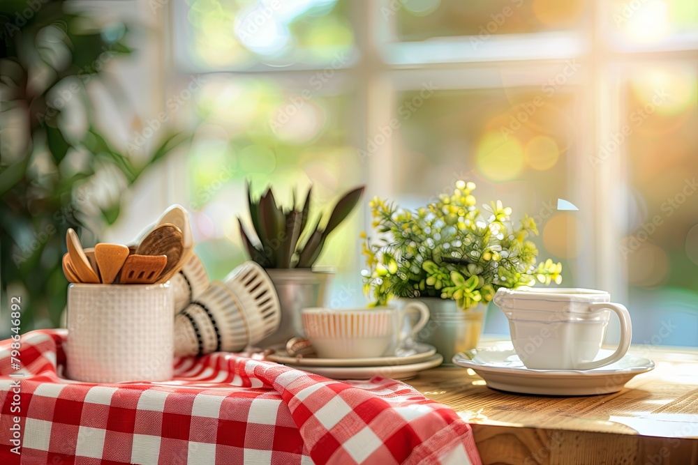 Red Checkered Cozy Breakfast Table Setup with Blurred Kitchenware and Plants