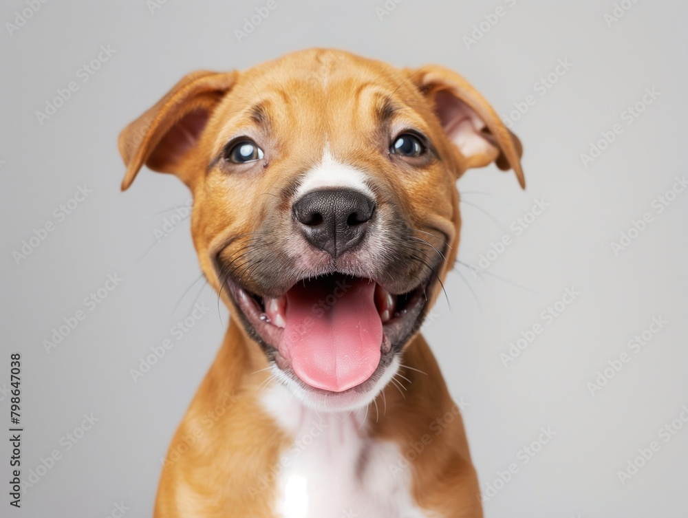 Happy puppy dog smiling on isolated grey background Happy puppy dog smiling on isolated grey background