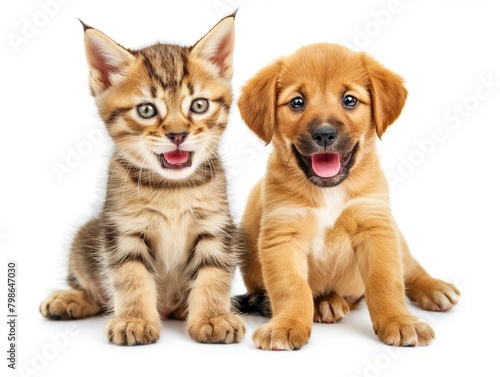 Happy puppy dog and cat on isolated white background