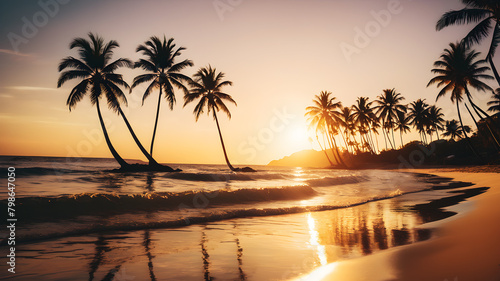 A breathtaking sunset over a tranquil beach, with golden light reflecting off the calm waves and silhouetting palm trees