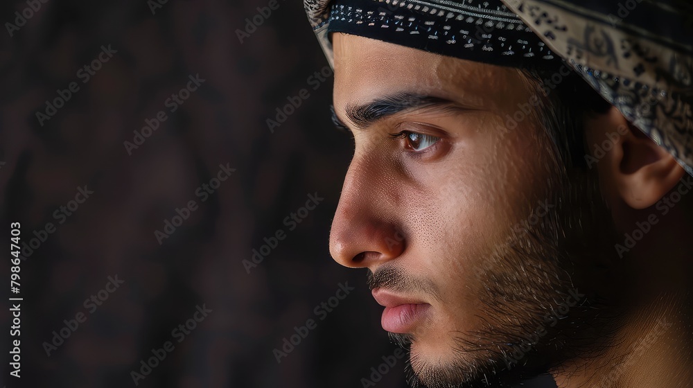 Obraz premium A close-up of a young Muslim man wearing a kufi cap, looking contemplative.