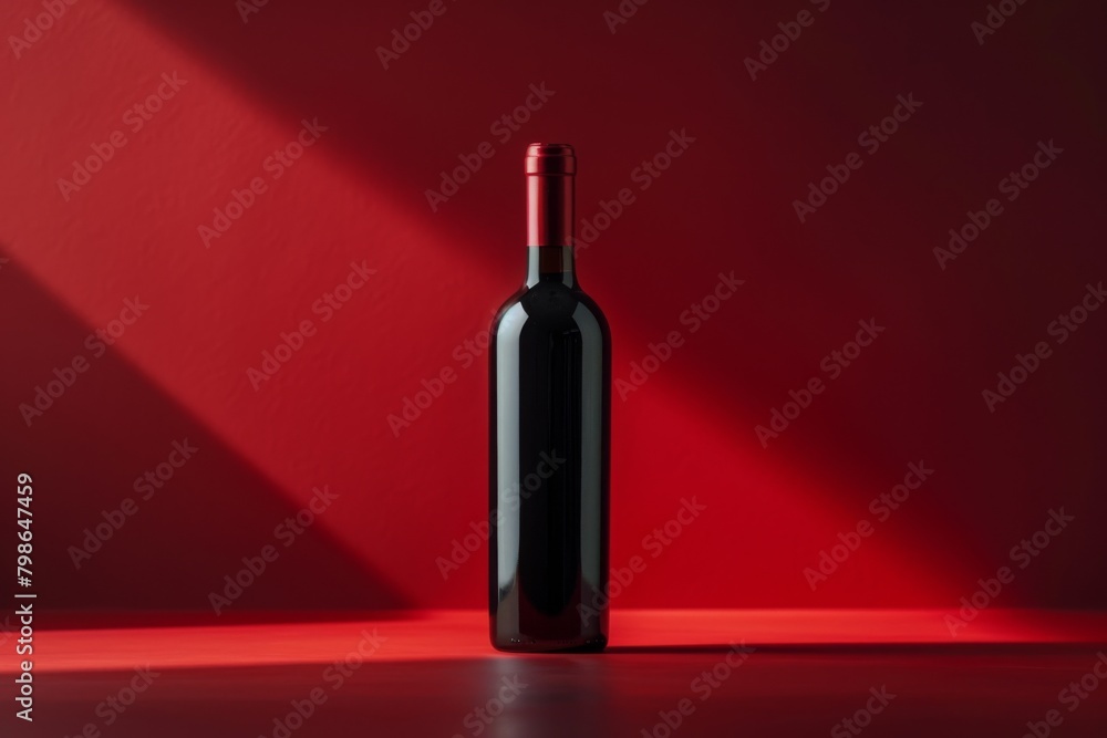 Elegant Red Wine Bottle on Vibrant Red Background with Dramatic Lighting Elegant Red Wine Bottle on Vibrant Red Background with Dramatic Lighting