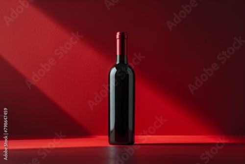 Elegant Red Wine Bottle on Vibrant Red Background with Dramatic Lighting