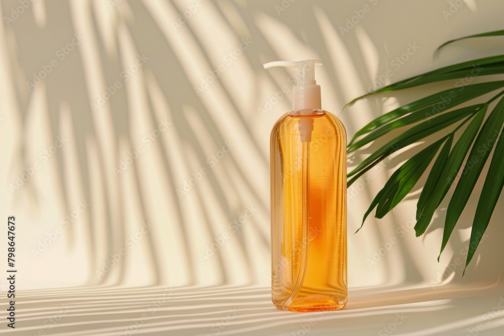 Fototapeta premium Sunlit Amber Soap Dispenser with Tropical Leaf Shadows
