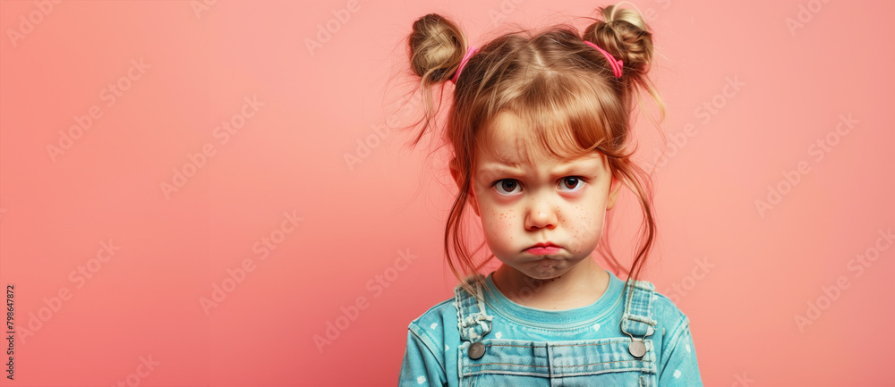 A young baby girl with a ponytail and a frowning face. She is wearing a shirt. Portrait of cute little upset girl, naughty kids idea