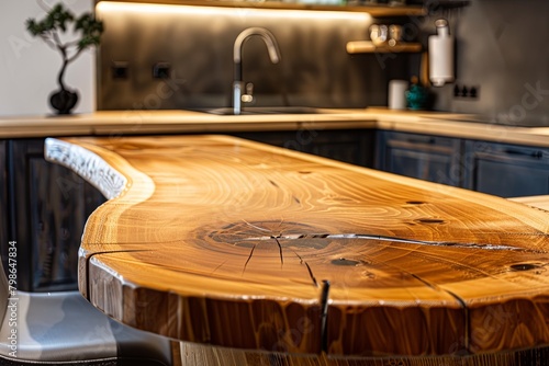 Round Wooden Desk in Brightly Lit Kitchen - Modern Business Table with Wood Texture Template, Store Decor Plankinda.nio photo