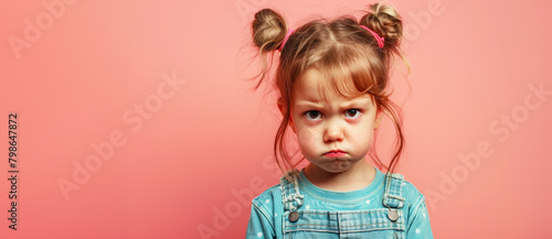 A young baby girl with a ponytail and a frowning face. She is wearing a shirt. Portrait of cute little upset girl, naughty kids idea photo