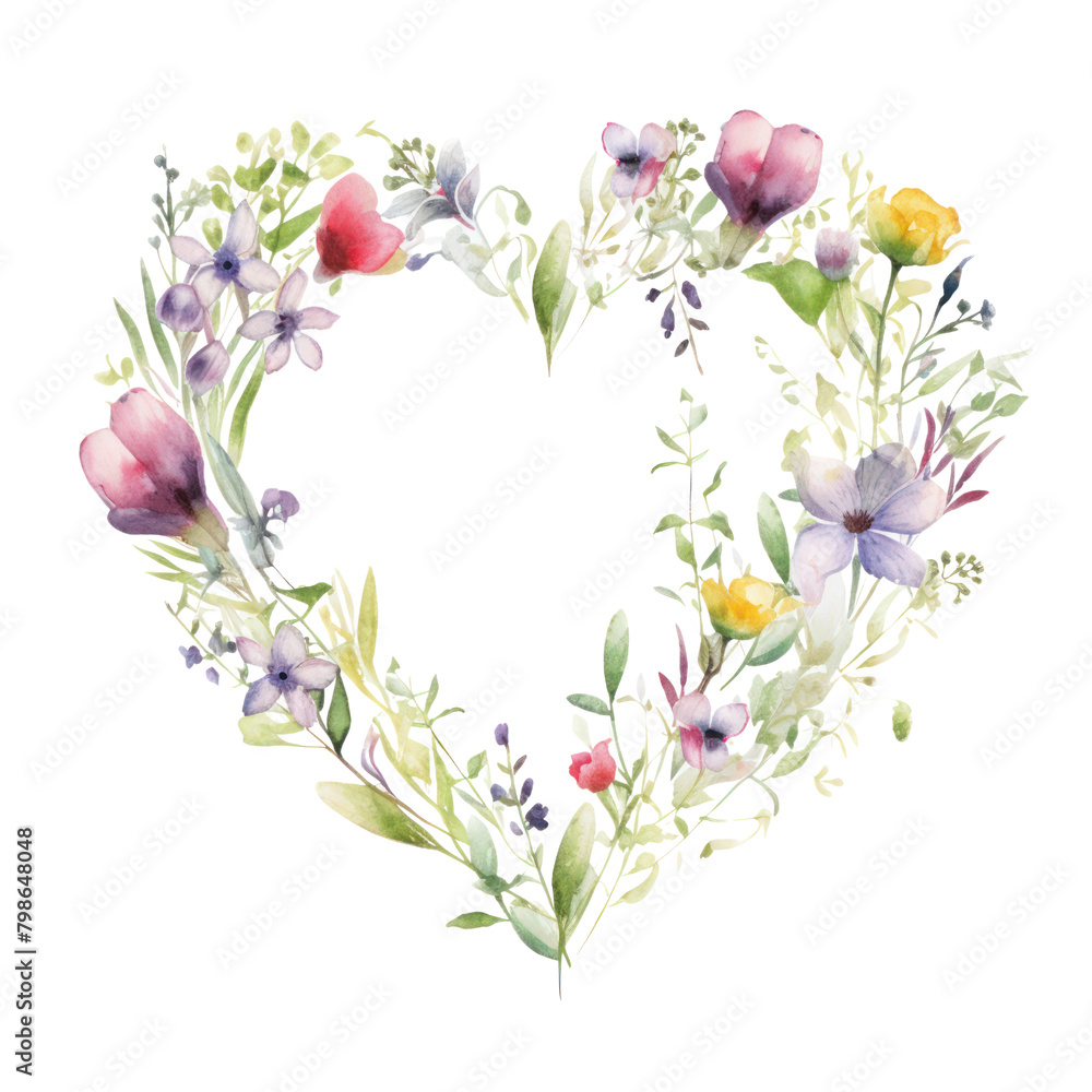 A watercolor painting of a heart-shaped wreath made of various flowers and greenery. A watercolor painting of a heart-shaped wreath made of various flowers and greenery.