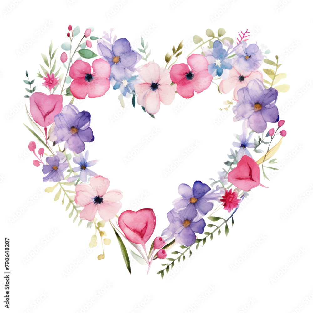 A watercolor painting of a heart-shaped wreath made of various flowers.