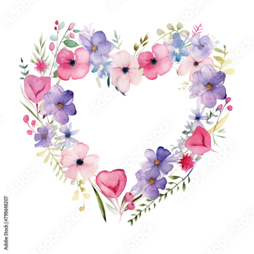 A watercolor painting of a heart-shaped wreath made of various flowers.