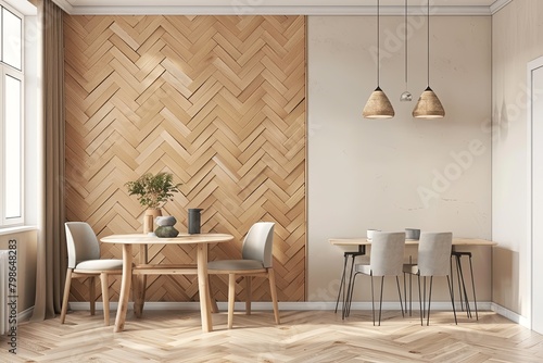 Modern Apartment Dining Area with Beige Herringbone Wall, Stylish Table, and Cozy Decor Panorama