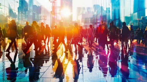 A dynamic silhouette of a diverse crowd walking along a city street, showcasing various ethnicities side by side