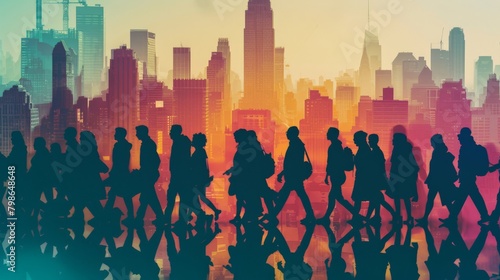 A dynamic silhouette of a diverse crowd walking along a city street, showcasing various ethnicities side by side