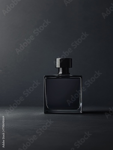 Photograph a men's perfume bottle with a clean and austere design on a plain, matte black background. The lighting is soft yet precise, enhancing the bottle's sharp angles and creating a somber, conte