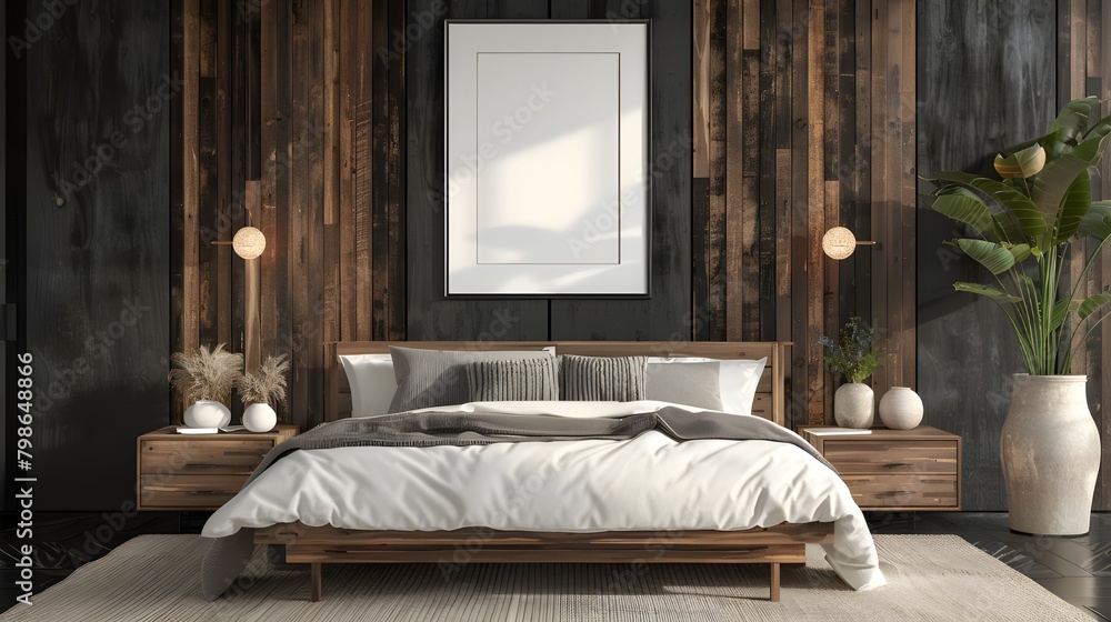 Dark home bedroom interior bed and nightstand with books and decoration, pillow and bed linen. Sleeping zone with stylish design. Mock up square canvas poster on black wall. 3D rendering ai generated 