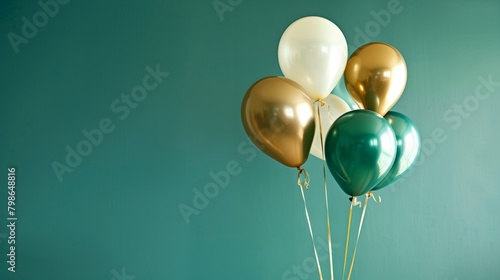 Happy birthday background with balloons in green, white, and gold themes. banner, celebration, greeting card, background.