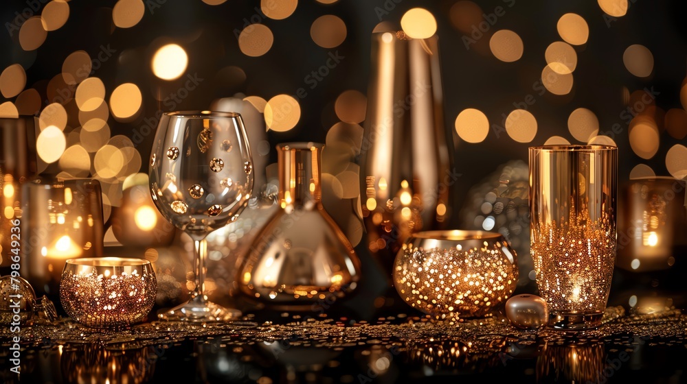Luxurious arrangement of gold accessories shimmering under a focused light against a black background, creating a mood of exclusivity Luxurious arrangement of gold accessories shimmering under a focused light against a black background, creating a mood of exclusivity